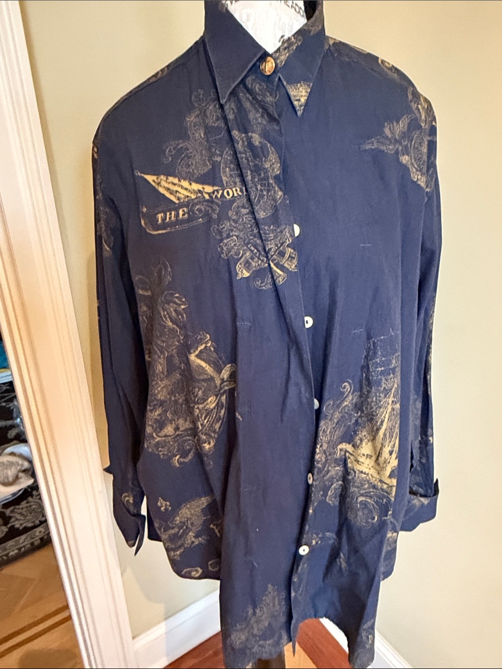 Gianfranco Ferré Navy Blue Button-Down Shirt with Gold Print